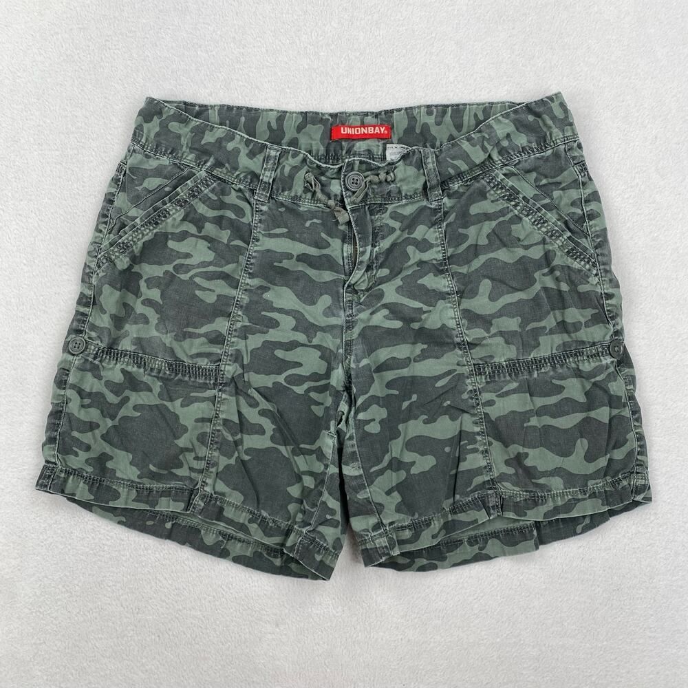 Vintage Unionbay Shorts Size 35 Green Camo Cargo Drawstring Cotton Grunge Y2K